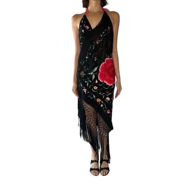 Morphew Atelier Black Bias Cut Silk Crepe Hand-Embroidered Piano Shawl Gown With Fringe 