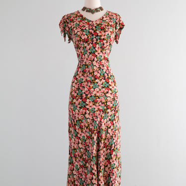 Stunning 1930's Autumn Floral Print Bias Cut Gown / SM