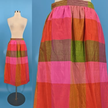 Vintage Sixties XS Pink Silk Plaid Midi Skirt - 60s Colorful Plaid Mid Length Skirt 