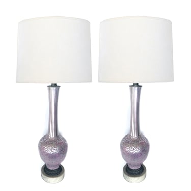 Tall Pair of 1960's Reverse-silvered Lamps with Applied Floral Vine Decoration
