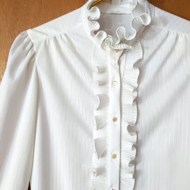 Vintage 70s 80s White Pinstripe Ruffle Collar Long Sleeve Button Down Blouse 