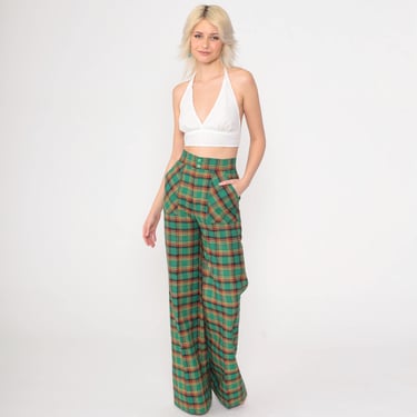 70s Plaid Trousers Green Wide Leg Pants Hippie Bell Bottom Flares High Waisted Flared Checkered Mod Retro Red Vintage 1970s Extra Small xs 