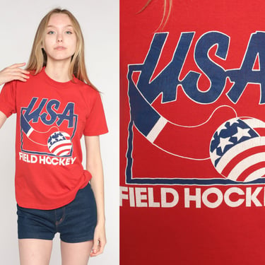 Field Hockey Shirt 80s Red USA Shirt Graphic Tee Vintage Sports Crewneck Tshirt Retro T Shirt Print 1980s Jerzees Small S 