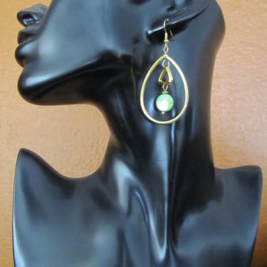 Gold and green mother of pearl shell teardrop hoop earrings 
