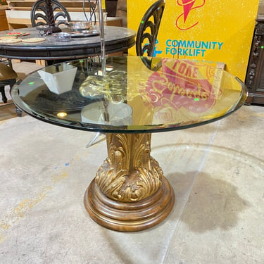 Round Glass Top Table with Hand-Carved Gilded Wooden Base