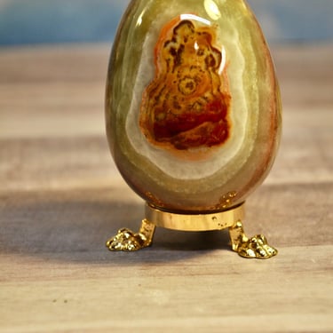 Banded Onyx Egg Pakistan Large Heavy Paper Weight Gift for Him Gift for Her Home Office Decor Collectible Gold Gilt Stand Italy Polished 