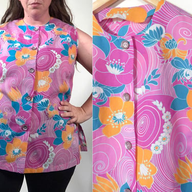 Vintage 60s/70s Plus Size Lightweight Psychedelic Polyester Crepe Sleeveless Blouse With Side Slits Size XL/2X 