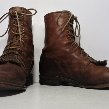 Vintage 1990s Justin Kiltie Lace Up Roper Boots, Size 9 1/2D Men, oiled brown leather western boots 