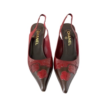 Chanel Red Floral Logo Heels