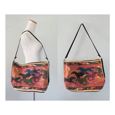 Vintage Southwestern Tote Bag Purse El Paso Saddle Blanket Shoulder Bag Southwest Horses 