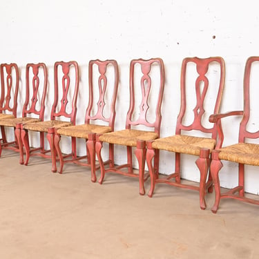 French Country Red Painted and Gold Gilt Rush Seat Dining Chairs, Set of Eight