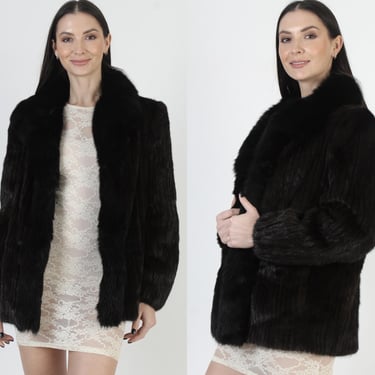 Saga Mahogany Mink Cropped Jacket, Real Black Arctic Fox Fur, Womens Luxurious Corded Overcoat 