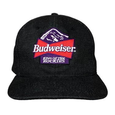 Vintage 90s Budweiser “King Of The Rockies” Black Denim Embroidered Beer Promo SnapBack Hat Cap 