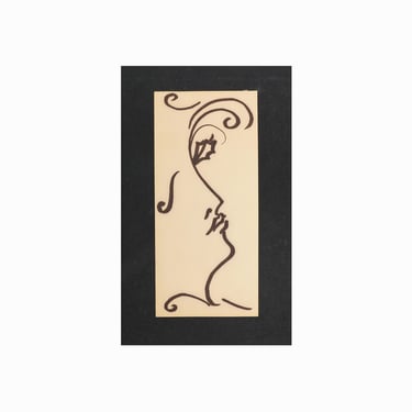 Mid Century Painting on Paper Black Marker Picasso Style Face Line Black & White 