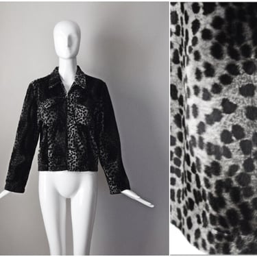 vtg 90s David Paul New York gray leopard print velour faux fur zipper jacket w/ pockets  | Y2K 1990s | size Medium M | animal print coat 