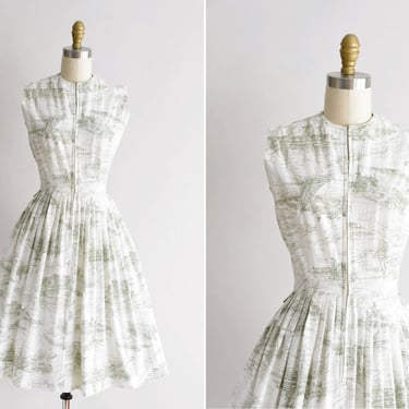 1950s Mystic Rivers dress/ vintage 50s novelty daydress/ Countrywise novelty dress 