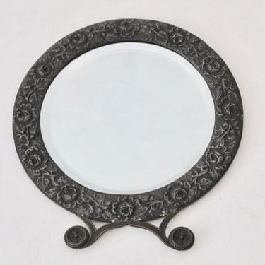 Vintage Metal  Beveled Glass Round Wall Mirror Embossed Roses Detail Boarder 