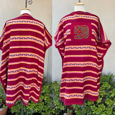 Vintage boho Mexican Huipil style red yellow tunic dress lined Bird applicate OS 