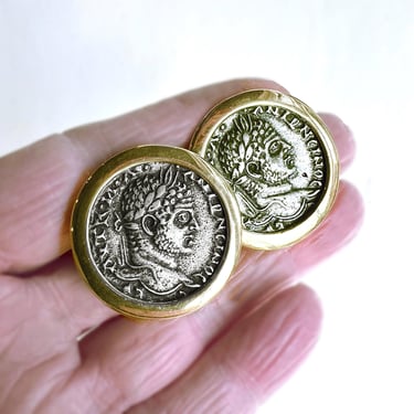 Roman Coin Earrings, Clip on Earrings, Vintage Costume Jewelry, 1980s Jewelry, Gift for Her, Coin Button  Earrings in Gold Tone Setting 