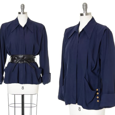 Vintage 1940s Jacket | 40s Navy Blue Rayon Dagger Collar Long Wide Sleeves Lightweight Tailored Blazer Blouse (x-large) 