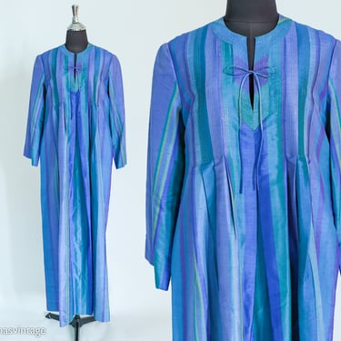 1970s Blue Stripe Silk Caftan | 70s Blue & Purple Stripe Caftan | Mandalay Imports | Medium 