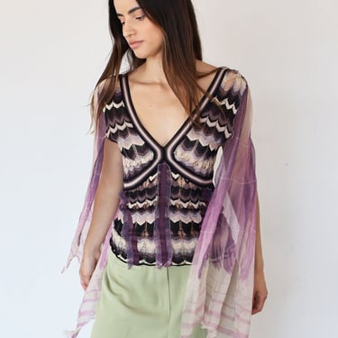 Vintage Jean Paul Gaultier Purple Knit Top with Silk Butterfly Wing Flutter Sleeves *AS-IS Zig Zag Print White XS S 