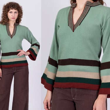 70s Boho Striped Bell Sleeve Sweater - Medium | Vintage Green Donnkenny Knit V Neck Pullover Top 