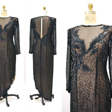 90s Vintage Black Beaded Sequin Party Dress Medium Large// 80s 90s Pageant Formal Black beaded Dress long sleeves Large Silk LIllie Rubin 
