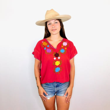 Hand Embroidered Mexican Gauze Blouse // vintage cotton boho hippie Mexican embroidered dress hippy red // O/S 