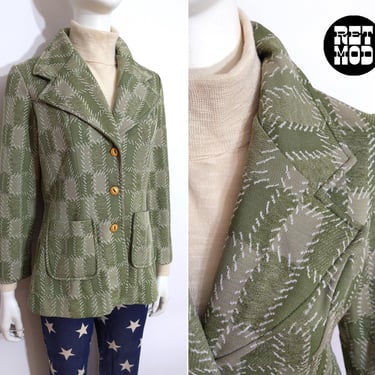 Cool Vintage 60s 70s Light Green Patchwork Print Polyester Blazer 