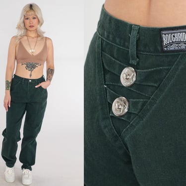 90s Western Jeans Dark Green Rough Riders Jeans High Waisted Denim Pants Star Concho Button High Waist Jeans Tapered 1990s Vintage Medium 30 