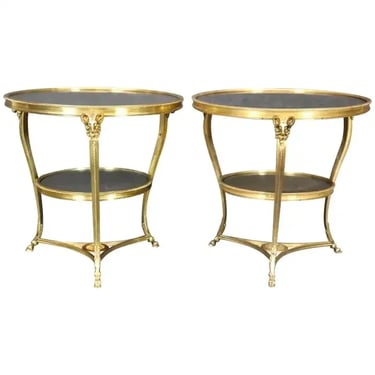 Pair Directoire Highly Naturalistic Rams Head Dore' Bronze Marble Top Gueridons
