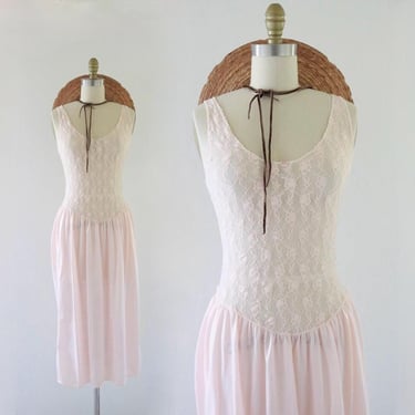 lace slip dress - vintage 70s 80s  peach long sheer romantic cottage s m small medium womens nightgown 