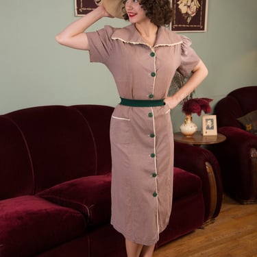 Vintage 1930s Dress - Brown Swiss Dotted Day Dress by Fruit of the Loom with Constrasting Green Buttons and Pique Trim 