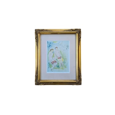 Vintage Framed Art Print, Gold Relief Frame Wall Decor with Matted Print of Daphnis and Chloe Painting by Marc Chagall 14 x 17 