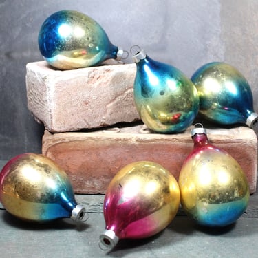 Vintage Ombre Glass Ornaments in Rainbow Colors | Teardrop Shape | Set of 6 | Circa 1960s | Made in USA 