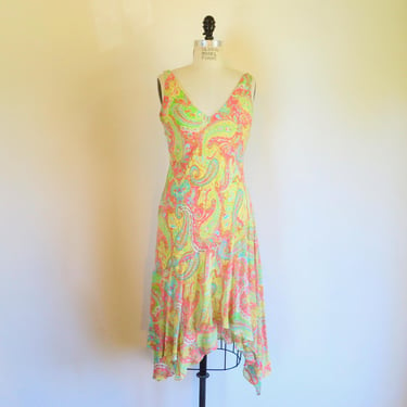 1930's Style Yellow Hot Pink Paisley Print Silk Bias Cut Dress Asymmetrical Hem Sleeveless Style Spring Summer 2000's Ralph Lauren Size 6 