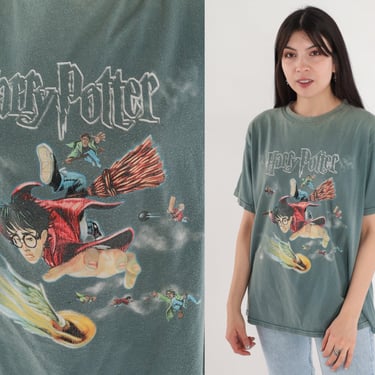 Vintage Harry Potter Shirt Y2K Book Movie T-Shirt Quidditch Graphic Tee Fantasy Film Literature TShirt Distressed Faded Green 00s Medium M 