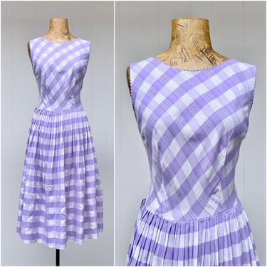 Vintage 1960s Lilac Gingham Sun Dress, Sleeveless Full Skirt Frock, 60s Summer Fashion, 36" Bust 