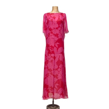 1990s Vintage Yves Saint Laurent Rive Gauche Floral Silk Chiffon Maxi Dress, 90s YSL Hot Pink and Red  Caftan Made in France, 36
