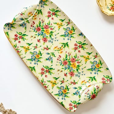 Vintage Queen Anne Chintz Tray Royal Winton Grimwades England, Embroidered Floral Serving Dish, Flower Needlepoint, Gold Rim, Hostess Gift 