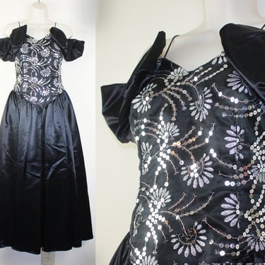 Vintage 1990s / 1980s Black & Silver Formal Dress, Size Small 