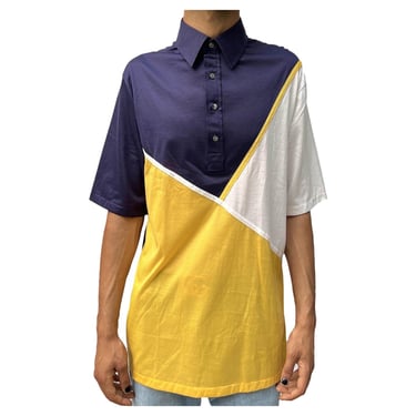 1980S Navy  Yellow Fine Swiss Cotton Men's Polo Shirt 