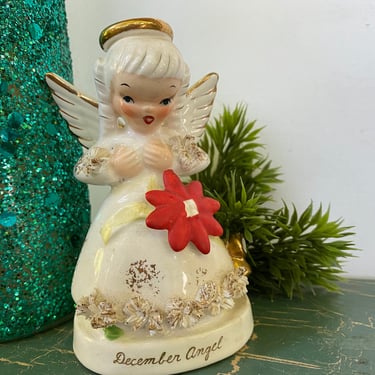 Vintage Napco December Angel Figurine, A1372, Christmas Baby, Christmas Angels, Red Poinsettia Flower 
