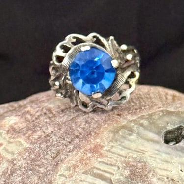 Sterling Filigree Ring, Clear Blue Stone, Faceted Glass Stone, Vintage Jewelry, Size 5.5 US 