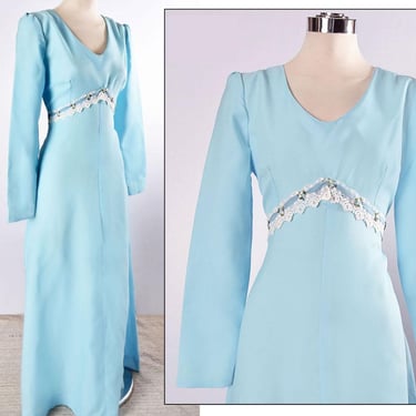 70's Baby Sky Blue Polyester Long Maxi Dress, Prom Party Wedding Gown, 1970's Vintage Jack White style Light Powder Blue Hippie Gunne Sax 