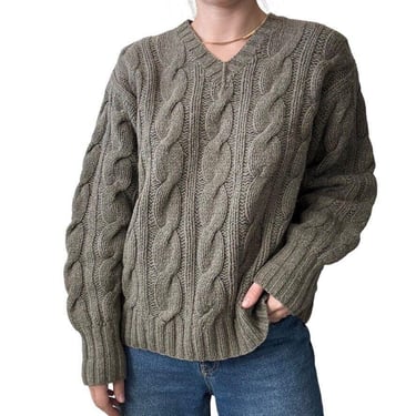 Vintage J Crew Olive Green Cable Knit Chunky 100% Wool V Neck Sweater Sz S 