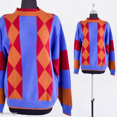 1980s Purple & Red Harlequin Sweater | 80s Purple Red Orange Geometric Pullover | Heirlooms | Large 