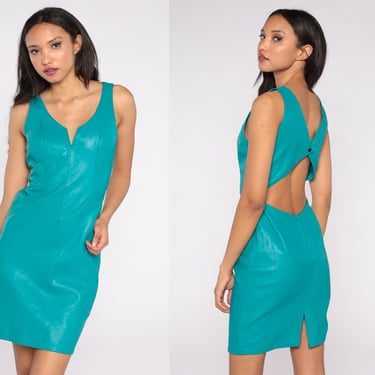 Leather Bodycon Dress 80s Teal Cutout Mini Backless Party Open Back Keyhole Body Con Keyhole Sexy Minidress 1980s Vintage Sleeveless Small S 
