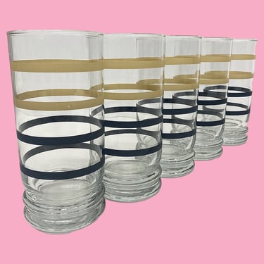 Vintage Libbey Drinking Glasses Retro 1970s Contemporary + Clear Glass + Black and Tan + Rings + Set of 5 + Water Tumblers + Drink + Kitchen 